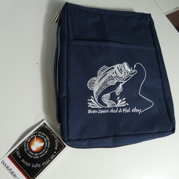 Embroidered Canvas Book/Bible Cover Fish Story Navy Blue Zipper Closure - Picture 1 of 7